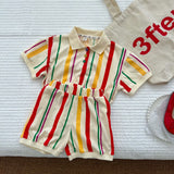 GREATNFB Siblings Costume South Korea Children's Striped Knitting Suit Girls' Polo Shirt Dress Boys' Short-Sleeved Shorts Suit