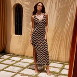 GREATNFB 2025 Knitted Slim V-Neck Dress Contrast Color Jacquard Crocheted Dress Vacation Dress