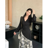 2025 Ink and wash splicing long-sleeved dress, thin design sense, waist length and short girlfriend model  new long skirt