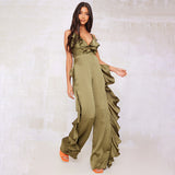 Hot trade onesie summer women's clothing, ruffle-edged wide-leg jumpsuit  deep V satin suspender jumpsuit women