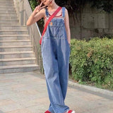 greatnfb Retro Hong Kong Style Salt Denim Suspender Pants for Women Spring and Summer New Internet Celebrity Fried Street Loose Straight Wide Leg Mop Trousers