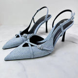 Za New  Spring and Summer Closed Toe Sexy Stiletto Heel Fashion Sandals Muller Shoes Denim Shallow Mouth Lace-up Hollow