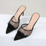 greatnfb New Sheepskin Black Plaid Rhinestone High-Heeled Sandals Stiletto Heel Pointed Toe High Heel Slippers European and American Elegant Sexy