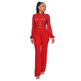 Hot trade women's high-necked lace crochet jumpsuit Wish fashion solid color chiffon long-sleeved high-waisted jumpsuit