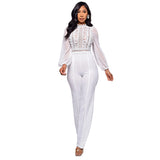 Hot trade women's high-necked lace crochet jumpsuit Wish fashion solid color chiffon long-sleeved high-waisted jumpsuit