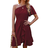 2023  Hot Trade European and American Ladies Summer Sexy One Shoulder Irregular Ruffled Hem Solid Color Dress