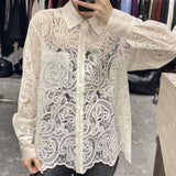 2025 early spring new water-soluble empty hook-up lace splicing bump root yarn shirt fashionable versatile bottoming top Popular