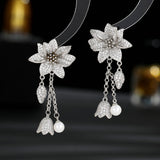 2025 S925   retro court style earrings women's zircon inlaid three-dimensional flowers fringed pearl bell earrings