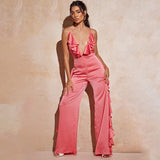 Hot trade onesie summer women's clothing, ruffle-edged wide-leg jumpsuit  deep V satin suspender jumpsuit women