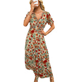 GREATNFB European and American Foreign Trade Floral Print High Waist Dress Women's Summer  New Waist Slimming V-Neckline Long Skirt Women