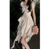 Tea Break Gentle Ruffled Irregular White Dress Summer New Style Platycodon Grandiflorum  Fairy Princess Short Skirt