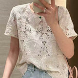2025 spring retro court style hollow crochet versatile niche pullover short-sleeved top women