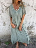 GREATNFB  New  Independent Station Leisure Spring and Summer Loose Dress Short Sleeve V-neck Solid Color Cotton and Linen Dress