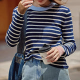 2025 popular autumn new Popular style age-reducing color matching striped long-sleeved t-shirt fashionable slim and thin inner bottoming shirt women