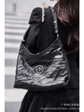 Grotto Same Style Gender-Free Black Stone Hobo Vegetable Tanned Pleated Leather All-Match Shoulder Crossbody Soft Bag