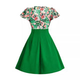 GREATNFB  Elegant Retro Spring and Summer Bow Flower Print Drawstring Ruffle Sleeve Dress