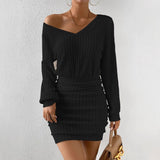Popular trade 2025 women's clothing  popular autumn and winter polished pit strip V-neck long-sleeved waist-wrapped hip dress