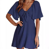 Hot Trade European and American  2024 Summer Short Sleeve Midi A- Line Skirt Pullover Ruffle Sleeve Half-Open Collar Dress