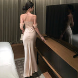2025 temperament one-word shoulder lace tube top dress women's senior sexy pure desire backless birthday long skirt dress