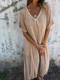 GREATNFB  New  Independent Station Leisure Spring and Summer Loose Dress Short Sleeve V-neck Solid Color Cotton and Linen Dress