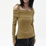GREATNFB 2025 AC442 one-word collar off-shoulder long-sleeved knitted sweater for women's new split-ended design, Spice Girl, Popular style slim top for women