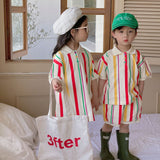 GREATNFB Siblings Costume South Korea Children's Striped Knitting Suit Girls' Polo Shirt Dress Boys' Short-Sleeved Shorts Suit