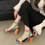 European and American Foreign Trade plus Size High Heel Sandals Women's  Color New Ankle-Strap Buckle Chunky Heel Square Toe Women's Sandals