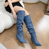 GREATNFB Denim Pleated British Style Martin Boots Women's Retro Cowboy Boot Stiletto Heel Pointed Toe Pile Style Boots Sleeve Fashion Boots