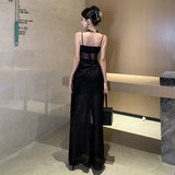 2025 Seaside vacation dress desert photo travel thin black tube top dress sexy split suspender dress
