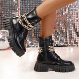 GREATNFB European and American Foreign Trade Patent Leather Mid-Calf Lace up Platform Martin Boots Women's Cross-Border Large Chain Thin Knight Boots Wish Supply