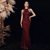 Foreign Trade Fishtail Evening Dress New Banquet Sexy Halter Shoulder Tassel Sequins Host Long Slim Toast Dress