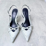 Za New  Spring and Summer Closed Toe Sexy Stiletto Heel Fashion Sandals Muller Shoes Denim Shallow Mouth Lace-up Hollow