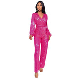 Hot trade women's fashion babes long-sleeved deep V jumpsuit  party sequined belt jumpsuit women's wholesale