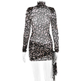 2025 New new mesh turtleneck women's dress, sexy long-sleeved leopard print strap slim hip skirt