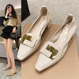 Pumps Women's High Heel Chunky Heel Square Toe Metal Buckle High Heels 2022 New Patent Leather Korean Small Leather Shoes Cross-Border Women's Shoes