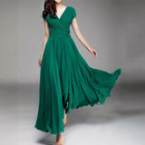 GREATNFB  EBay    Cross Border V-neck Short Sleeve Bohemian Chiffon Waist Dress Evening Dress