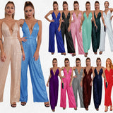 2025 jumpsuits summer women's clothing, deep v backless sequined jumpsuit  sleeveless suspender jumpsuit wholesale