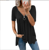 GREATNFB  Summer New European and American plus Size Women's Clothes Casual T-shirt Solid Color and V-neck Loose Zip Short Sleeve Top