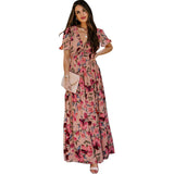 GREATNFB European and American Foreign Trade Floral Print High Waist Dress Women's Summer  New Waist Slimming V-Neckline Long Skirt Women