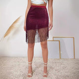 GREATNFB Summer New European and American  Independent Stand Sequined Tassel Trim Asymmetric Hem Skirt Elegant Skirt