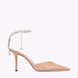 Women's Buckle Closed Toe Sandals,  Summer New Chain Rhinestone Nude Sexy Pointed High Heels