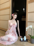 2025 Design floral chiffon dress summer temperament high sense waist tube top suspender long dress gentle wind dress