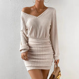 Popular trade 2025 women's clothing  popular autumn and winter polished pit strip V-neck long-sleeved waist-wrapped hip dress