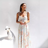 Popular trade  popular summer slim and thin waist V-neck suspender printing medium and long dress women