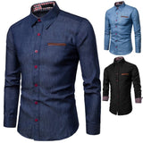 GREATNFB Foreign Trade Spring and Autumn Best-Selling Men's Casual Shirt Pocket Leather Patchwork Cotton Slim-Fit Long-Sleeved Shirt Denim Shirt Men