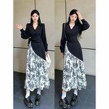 2025 Ink and wash splicing long-sleeved dress, thin design sense, waist length and short girlfriend model  new long skirt