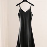 Spring and Summer New Satin Imitation Acetic Acid Sexy V-neck Slimming Sling Dress High Waist Fishtail Black Formal Dress a