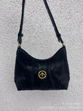 Grotto Same Style Gender-Free Black Stone Hobo Vegetable Tanned Pleated Leather All-Match Shoulder Crossbody Soft Bag