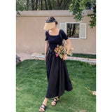 2025 summer new niche design square neck knitted splicing dress women's black short-sleeved large skirt long dress