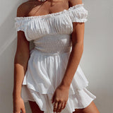 GREATNFB Fashion Street Hot Girl Ins Tight Waist Slim Fit Dress Wrapped Chest Short Sleeve off-Shoulder Summer Cotton and Linen Embroidered Skirt